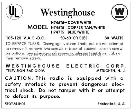 H-746T5A Ch= V-2395-1A ; Westinghouse El. & (ID = 2886687) Radio