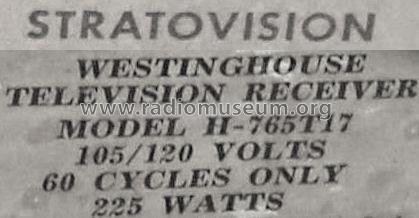 Stratovision H-765T17 Ch= V-2240-1; Westinghouse El. & (ID = 473968) Télévision