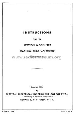 Vacuum Tube Voltmeter VTVM Model 982; Weston Electrical (ID = 3057060) Equipment