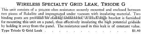 Grid Leak Triode G; Wireless Specialty (ID = 2429768) Radio part