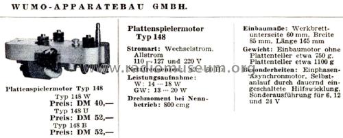 Plattenspielermotor 148U; Wumo Apparatebau (ID = 2787832) Divers