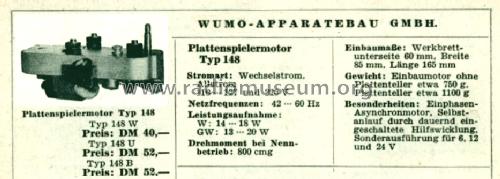 Plattenspielermotor 148W; Wumo Apparatebau (ID = 513146) Divers