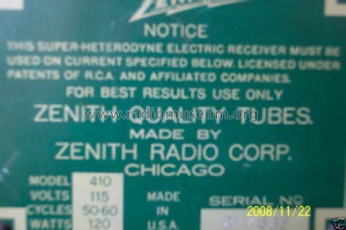 410 Ch= 2030; Zenith Radio Corp.; (ID = 710502) Radio