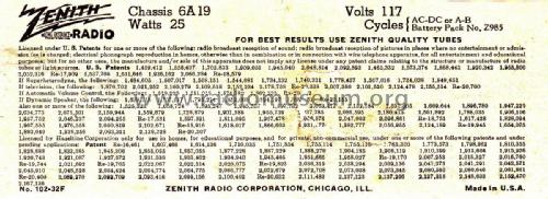 6G501M Ch=6A19; Zenith Radio Corp.; (ID = 2427504) Radio