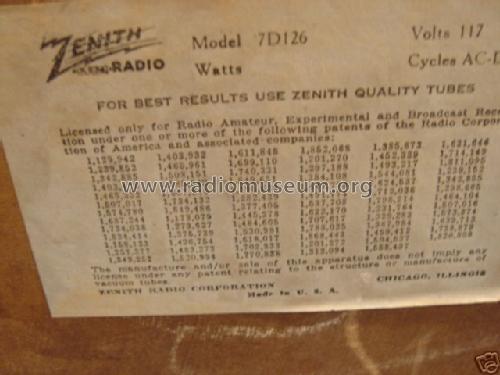 7D126 Ch= 5707; Zenith Radio Corp.; (ID = 455079) Radio