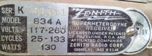 834A Ch= 1002; Zenith Radio Corp.; (ID = 1918513) Radio
