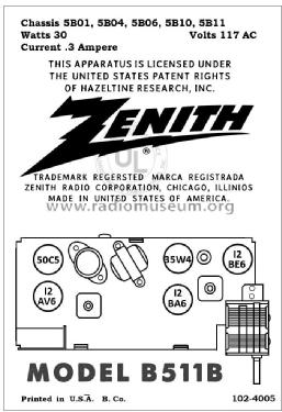 B511B 'The Trumpeteer' Ch= 5B10; Zenith Radio Corp.; (ID = 2789852) Radio