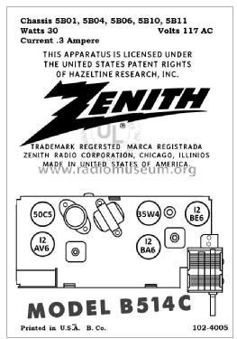 B514C Ch= 5B04; Zenith Radio Corp.; (ID = 2789846) Radio