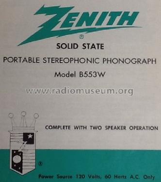 B553W Solid State Portamatic Portable Stereophonic Phonograph ; Zenith Radio Corp.; (ID = 1703855) Enrég.-R