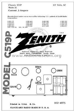 C519P 'The Nocturne' Ch= 5C07; Zenith Radio Corp.; (ID = 2799669) Radio