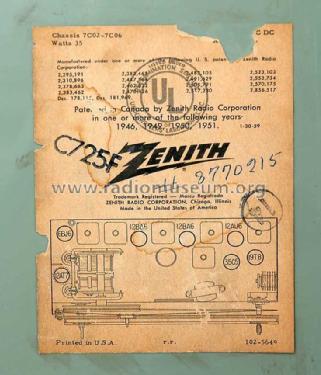 C725F 'The Super Sapphire' Ch= 7C06; Zenith Radio Corp.; (ID = 955813) Radio