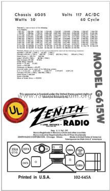 G615W Ch= 6G05; Zenith Radio Corp.; (ID = 2876411) Radio