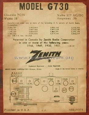 G730 AM-FM Ch= 7C05; Zenith Radio Corp.; (ID = 135934) Radio