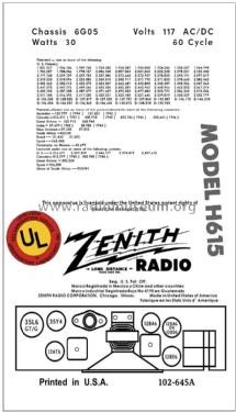 H615 Ch= 6G05; Zenith Radio Corp.; (ID = 2876412) Radio