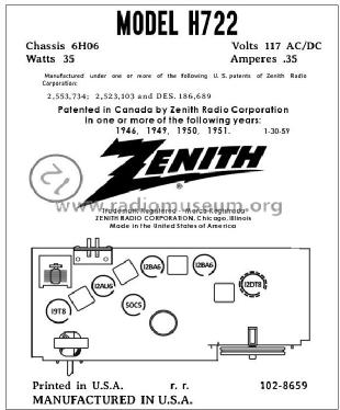 H722C Ch= 6H06; Zenith Radio Corp.; (ID = 2997123) Radio