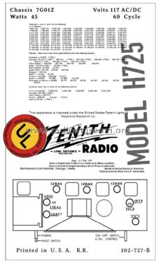 H725 Ch= 7G01Z; Zenith Radio Corp.; (ID = 2804661) Radio