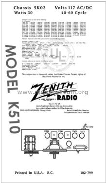 K510 Ch= 5K02; Zenith Radio Corp.; (ID = 2974589) Radio
