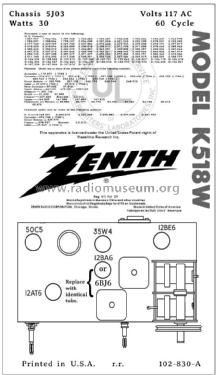 K518W Ch= 5J03; Zenith Radio Corp.; (ID = 2806379) Radio