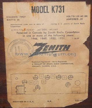 K731W Ch= 7M07; Zenith Radio Corp.; (ID = 1677676) Radio