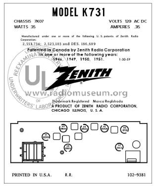 K731R Ch= 7K07; Zenith Radio Corp.; (ID = 2863330) Radio