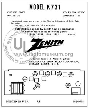 K731R Ch= 7M07; Zenith Radio Corp.; (ID = 2863319) Radio