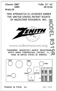 R519R Ch= 5R07; Zenith Radio Corp.; (ID = 2801091) Radio