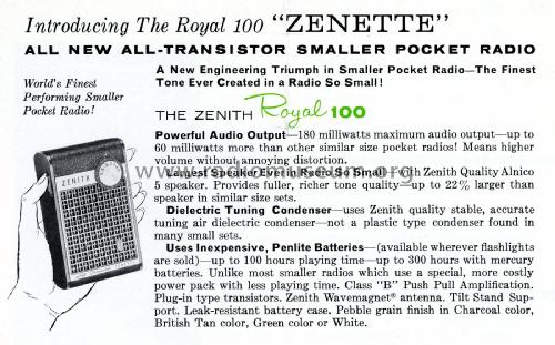 Royal 100 Zenette Ch= 6ET42Z1, 6ET42Z2; Zenith Radio Corp.; (ID = 2032315) Radio