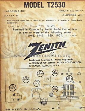 T2530 Ch= 7M04; Zenith Radio Corp.; (ID = 2927111) Radio