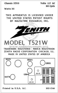 T521W Ch= 5T03; Zenith Radio Corp.; (ID = 2925738) Radio