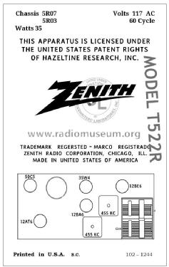 T522R Ch=5R07; Zenith Radio Corp.; (ID = 2801100) Radio