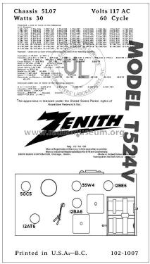 T524V Ch= 5L07; Zenith Radio Corp.; (ID = 2806421) Radio