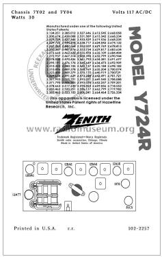 Y724R Ch=7Y02; Zenith Radio Corp.; (ID = 2814657) Radio