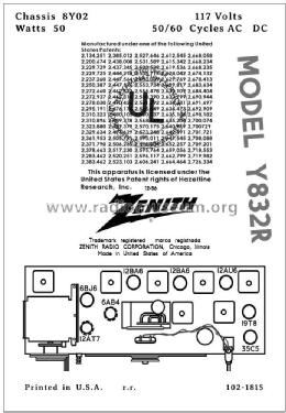 Y832R Super Symphonaire Ch= 8Y02; Zenith Radio Corp.; (ID = 3003773) Radio