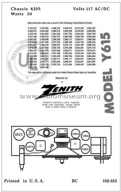 Y-615 Ch= 6J05; Zenith Radio Corp.; (ID = 2834303) Radio