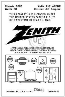 Z508B Ch= 5Z05; Zenith Radio Corp.; (ID = 2786434) Radio