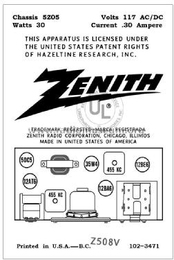 Z508V Ch= 5Z05; Zenith Radio Corp.; (ID = 2786436) Radio