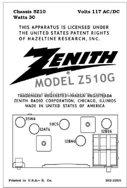 Z510G Ch= 5Z10; Zenith Radio Corp.; (ID = 2791188) Radio
