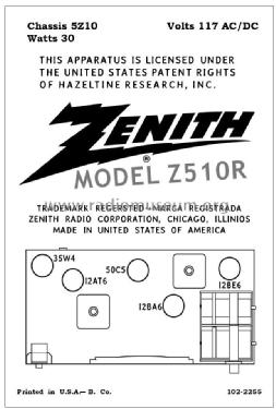 Z510R Ch= 5Z10; Zenith Radio Corp.; (ID = 2791189) Radio