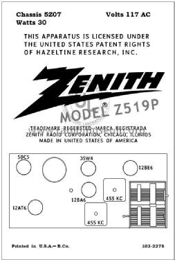 Z519P Ch= 5Z07; Zenith Radio Corp.; (ID = 2787983) Radio