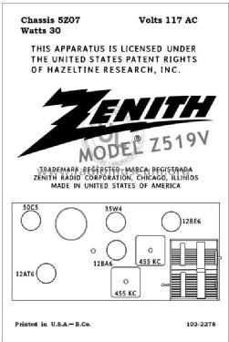 Z519V Ch= 5Z07; Zenith Radio Corp.; (ID = 2787984) Radio