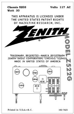 Z522G Ch= 5Z03; Zenith Radio Corp.; (ID = 2801103) Radio