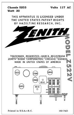 Z522V Ch= 5Z03; Zenith Radio Corp.; (ID = 2801105) Radio