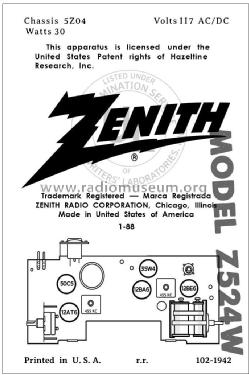 Z524W Ch= 5Z04; Zenith Radio Corp.; (ID = 2967325) Radio