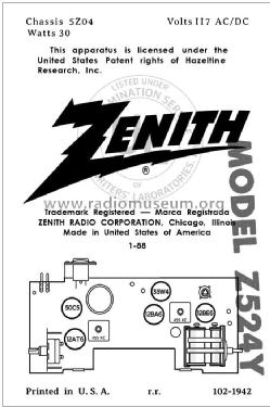 Z524Y Ch= 5Z04; Zenith Radio Corp.; (ID = 2967326) Radio