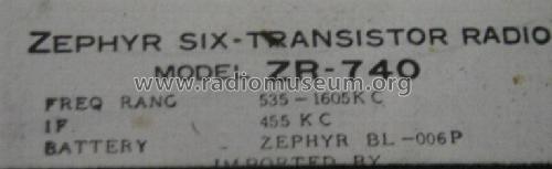 6 Transistor Radio ZR-740; Zephyr Co., Ltd.; (ID = 1084697) Radio