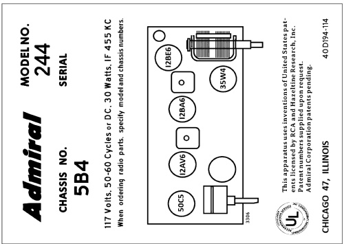 244 Ch= 5B4; Admiral brand (ID = 3026100) Radio