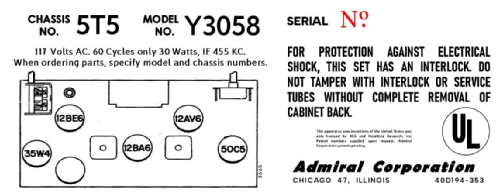 Y3058 'Duncan' Ch= 5T5; Admiral brand (ID = 3164656) Radio