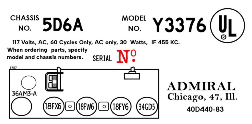 Y3376 'Fiesta' Ch= 5D6A; Admiral brand (ID = 3074842) Radio