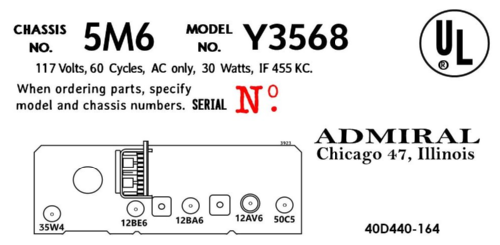 Y3568 Ch= 5M6; Admiral brand (ID = 3164658) Radio