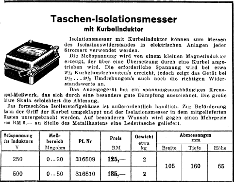 Taschen-Isolationsmesser mit Kurbelinduktor 250 V; AEG Radios Allg. (ID = 1420865) Equipment